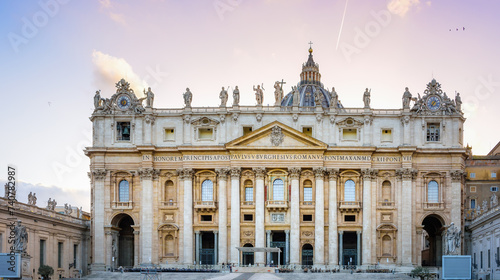 View of St. Peter's Basilica in Vatican. Many details, view, architecture and embellishments. Renaissance architecture. One of the popualr touristic destinations in Rome, Italy
