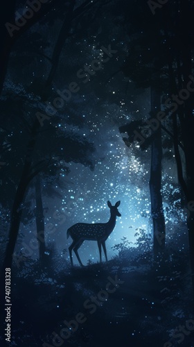 A Deer Standing in the Middle of a Forest at Night