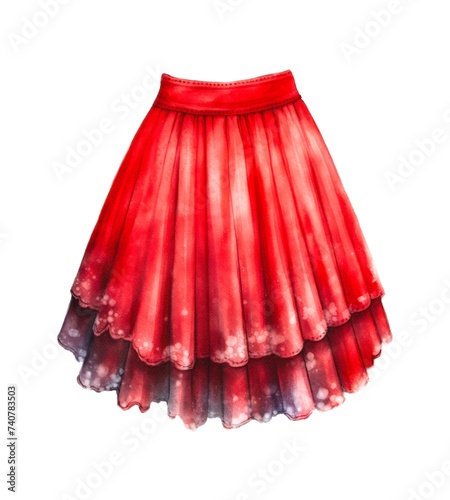 Watercolor illustration of a red female skirt isolated on white background.