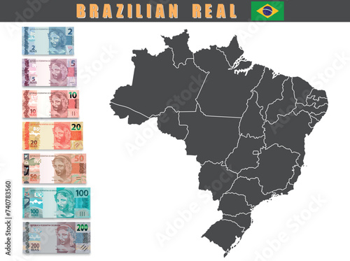 Set of Brazilian money with Brazilian map. Vector illustration.