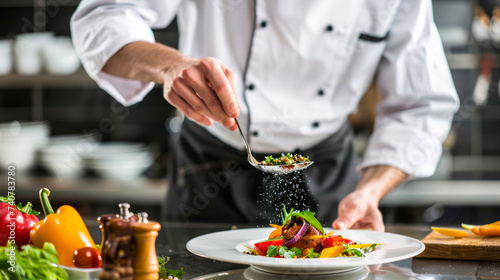 A skilled chef carefully seasons their expertly prepared culinary masterpiece, adding a touch of flavor to a perfectly plated meal of fresh vegetables, all while donning their signature chef's unifor