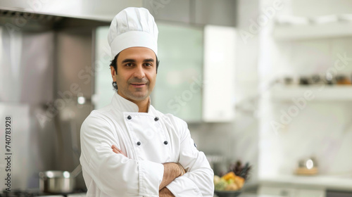A dedicated chef, clad in a crisp uniform and donning an apron, stands confidently against the kitchen wall as he prepares a mouth-watering dish with precision and passion