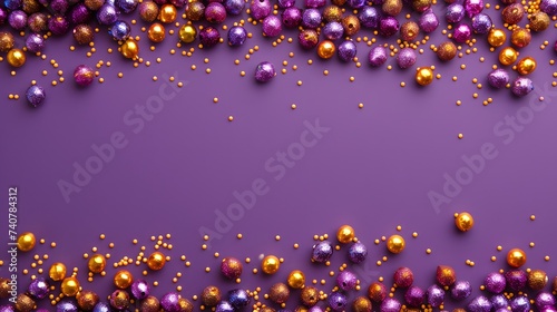 Beads on a purple background, suitable for design with copy space, Mardi Gras celebration. 