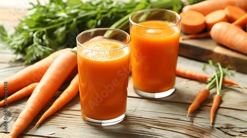 Carrot juice in glasses on wooden counter top. 