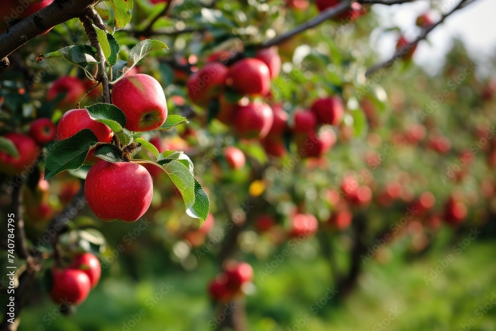 Ripe Red Apples on Lush Apple Trees in Bountiful Fruit Farm Landscape