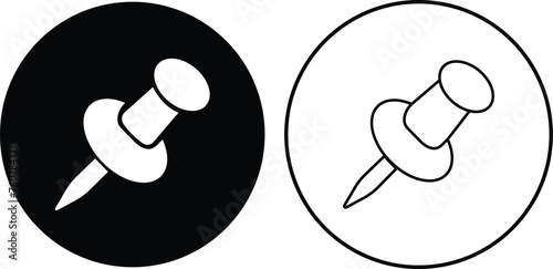 Push pin icons set. Thumbtack for note attach. Paperclip symbol Pushpin flat and line style collection isolated transparent background A needle for fixing on a board or map stock vector for web or app