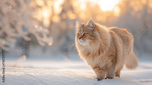 In the soft light of winter, a Siberian cat treads carefully on snowy ground, its luxurious fur and thoughtful gaze conveying quiet contemplation, suitable for themes of solitude and beauty in nature