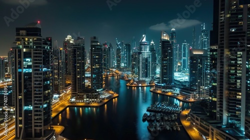 Dubai Skyline: Night Timelapse of JLT District with Modern Towers and City Illumination photo