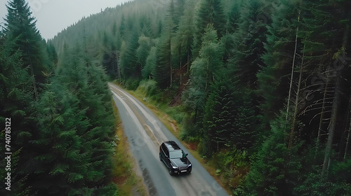 Aerial view of a black car traveling along a narrow forest road lined with evergreen trees.