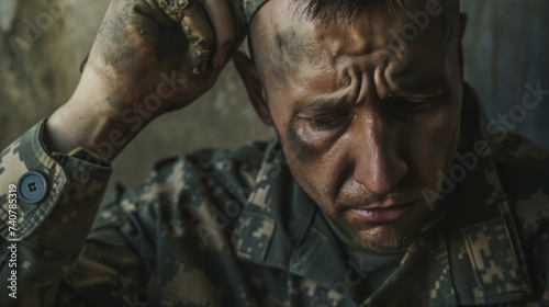 A military veteran looking distressed, representing the struggle of individuals with PTSD