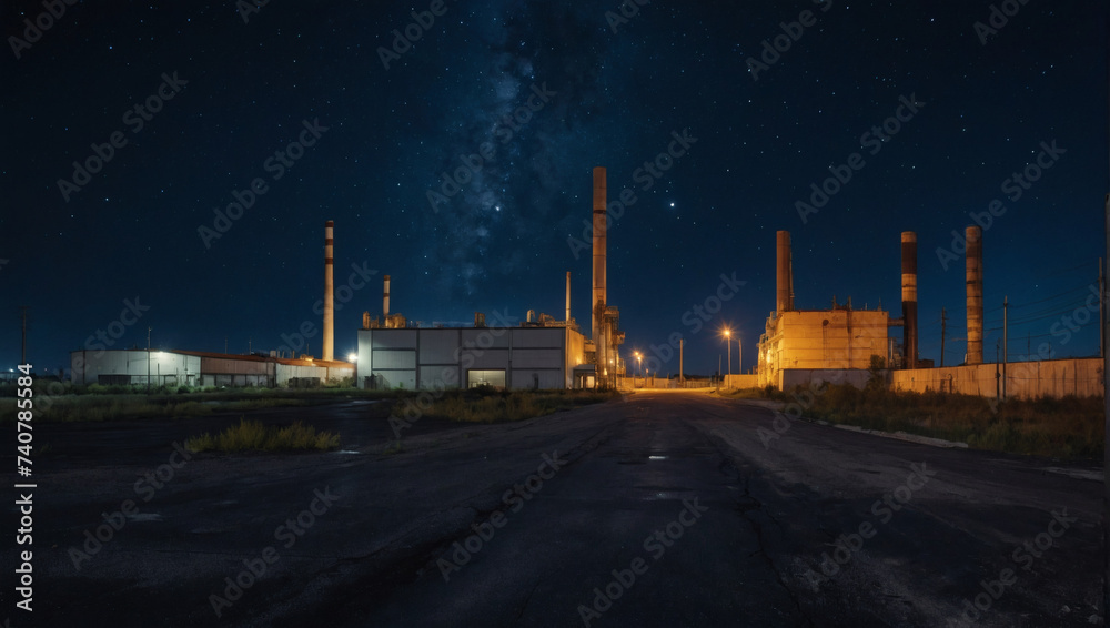 Empty industrial area with a quiet asphalt ground, illuminated by the brilliance of the night sky. 