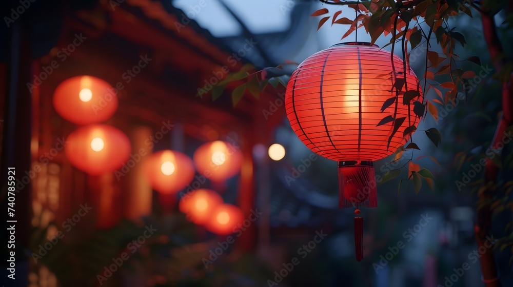Chinese red lantern in the night of Chinese New Year of happiness
 - obrazy, fototapety, plakaty 