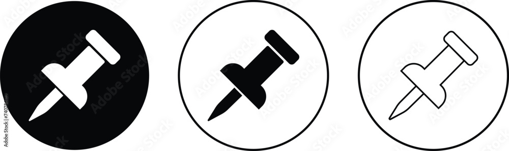 Push pin icons set. Thumbtack for note attach. Paperclip symbol Pushpin flat and line style collection isolated transparent background A needle for fixing on a board or map stock vector for web or app Push pin icons set. Thumbtack for note attach. Paperclip symbol Pushpin flat and line style collection isolated transparent background A needle for fixing on a board or map stock vector for web or app
