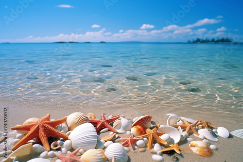 Beach colorful . Sand, sea, ocean, shells, starfish, palm trees, beach houses. Rest, vacation, relaxation.
