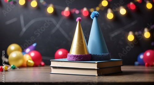 Book with party hat in front of an empty blackboard decorated