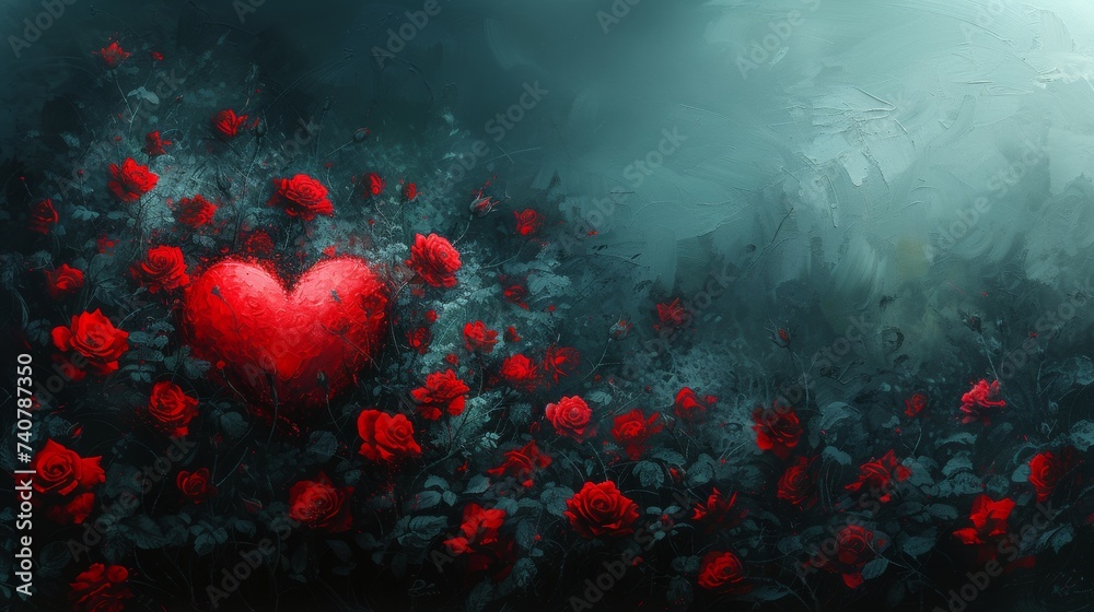 Painting of a Red Heart Surrounded by Flowers
