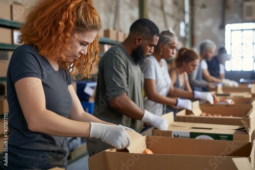 A multi-ethnic group of volunteers packing food boxes at a community center, displaying teamwork and compassion. photo