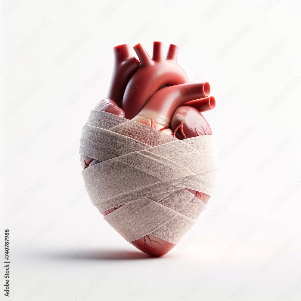 Realistic image of a human heart with bandages depicting medical treatment. heath care, heart care and surgery. Realistic image of a human heart with bandages depicting medical treatment. heath care, heart care and surgery.