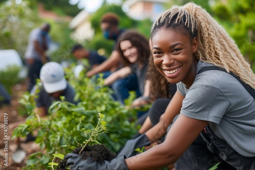 Diverse individuals participating in a neighborhood clean-up, showing unity and care for their local environment.