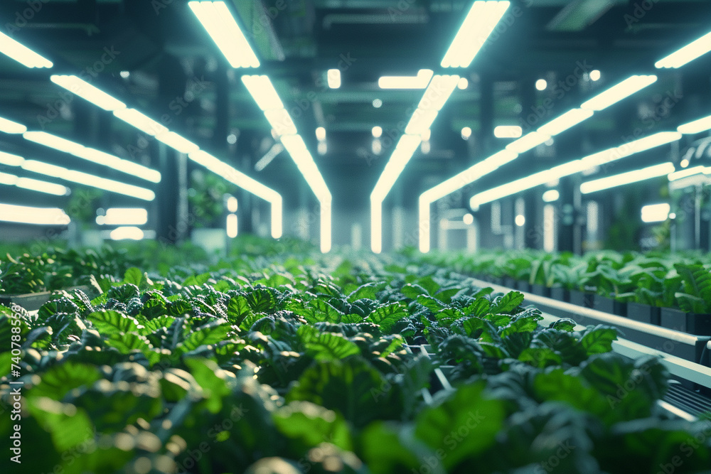 A modern high tech indoor farm where AI oversees the cultivation of a wide variety of food plants using robotic arms for planting and harvesting all under the optimized LED lighting to simulate A modern high tech indoor farm where AI oversees the cultivation of a wide variety of food plants using robotic arms for planting and harvesting all under the optimized LED lighting to simulate