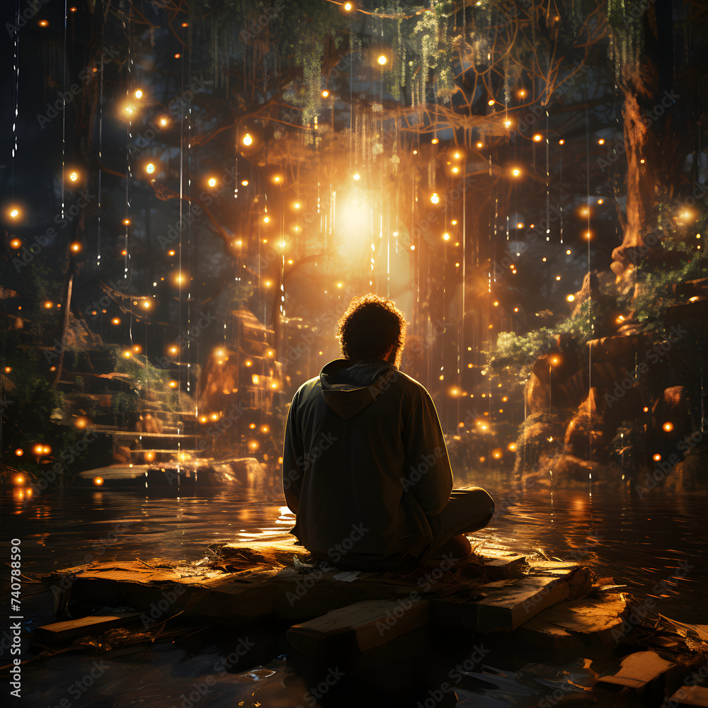 A Person Meditating with a Mystical and Beautiful View. Practicing Yoga Alone A Person Meditating with a Mystical and Beautiful View. Practicing Yoga Alone
