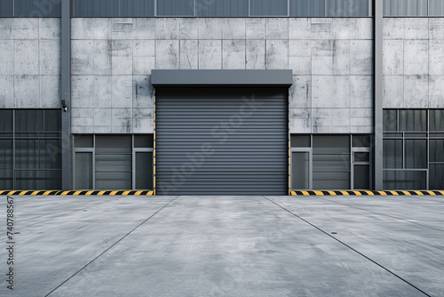 front view industrial roller door in a grey concrete building. exterior of commercial building design