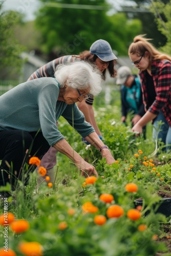 Senior citizens and teenagers gardening together in a community garden, fostering cross-generational connections.