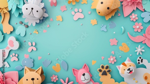 Cute Paper Cut Animals and Paw Prints on Turquoise Background