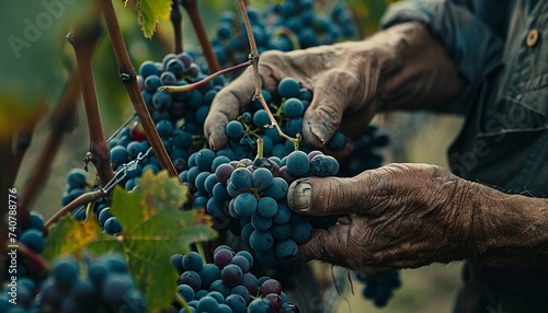 Close up shot of a winemakers hands examining the quality of grapes in a vineyard with a focus on the vibrant colors and textures of the grapes symbolizing the care and expertise in selecting photo