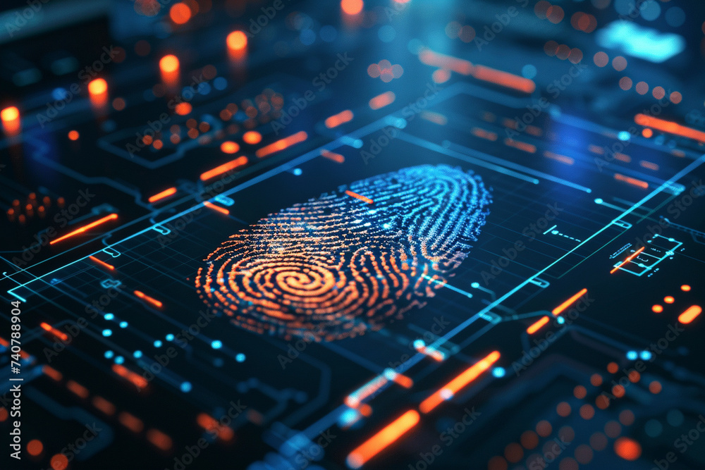 High definition image of a fingerprint being scanned by a sleek advanced biometric device the screen displaying a complex pattern of ridges and whorls being analyzed set against the backdrop - obrazy, fototapety, plakaty 