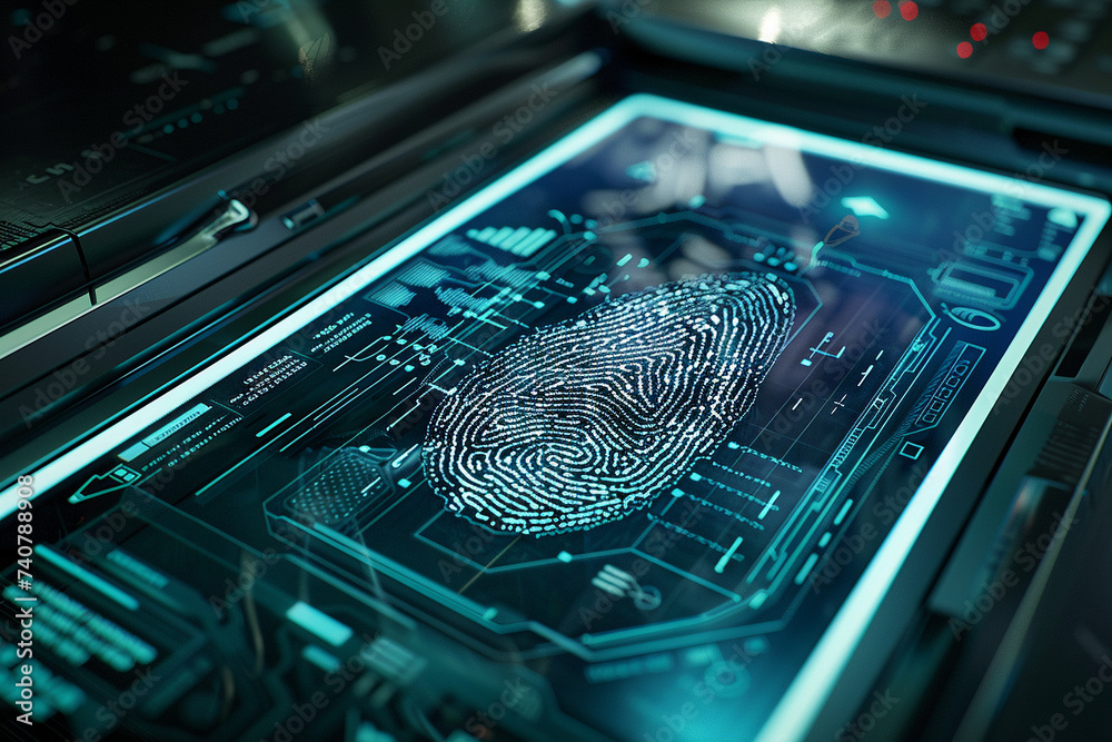 High definition image of a fingerprint being scanned by a sleek advanced biometric device the screen displaying a complex pattern of ridges and whorls being analyzed set against the backdrop - obrazy, fototapety, plakaty 