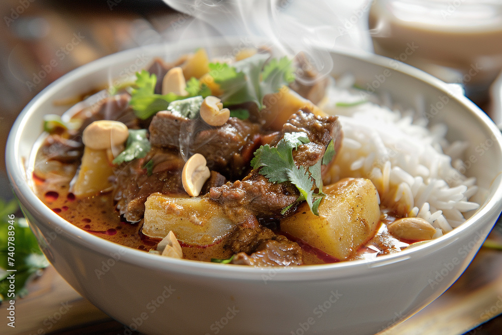 High definition image of a steaming bowl of Massaman curry featuring tender pieces of beef perfectly cooked potatoes and a rich aromatic sauce garnished with roasted peanuts and fresh High definition image of a steaming bowl of Massaman curry featuring tender pieces of beef perfectly cooked potatoes and a rich aromatic sauce garnished with roasted peanuts and fresh