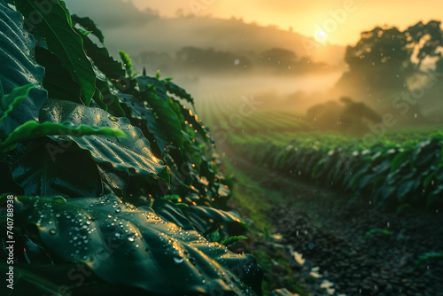 High definition image of a lush coffee plantation at sunrise dew on the leaves of the coffee plants with rows extending into the misty horizon showcasing the source of coffee beans