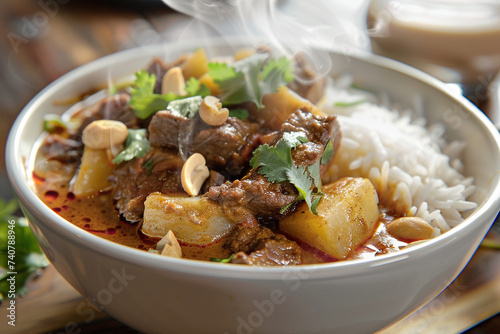 High definition image of a steaming bowl of Massaman curry featuring tender pieces of beef perfectly cooked potatoes and a rich aromatic sauce garnished with roasted peanuts and fresh