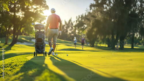 person with golf bag and club walking on the golf course photo