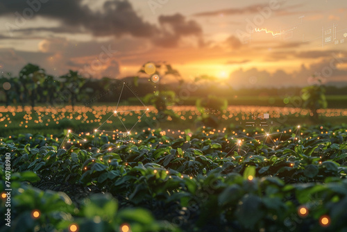 High resolution image of a smart farm at sunrise showcasing AI controlled drones monitoring crop health with data streams visible in augmented reality overlays connecting plants to the internet
