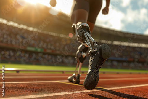 High definition image of an athlete with a prosthetic leg sprinting down the track on a sports field showcasing the dynamic motion and strength with the focus on the advanced design of the