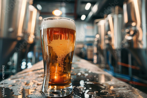 Ultra high definition image of a cold frothy beer poured into a pint glass with condensation on the glass set against the backdrop of a bustling brewery with stainless steel tanks