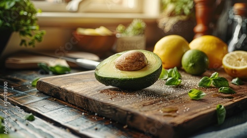 Culinary preparation of a green avocado on cutting board
