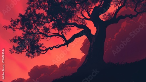 Silhouette of Tree Against Red Sky