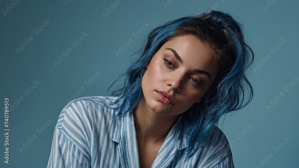 closeup photo of a beautiful woman in blue pajamas with weary face and blue and black hair, isolated in blue background closeup photo of a beautiful woman in blue pajamas with weary face and blue and black hair, isolated in blue background
