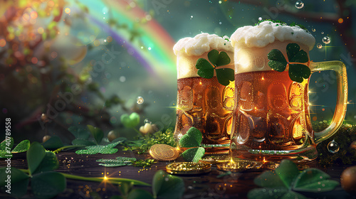 Beer mugs on a rainbow natural background. Holiday and alcohol concept. For st patrick's day celebration. Food photo for wallpaper, poster, banner, card photo