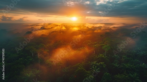 View on sunset over the trees of the rain forest photo