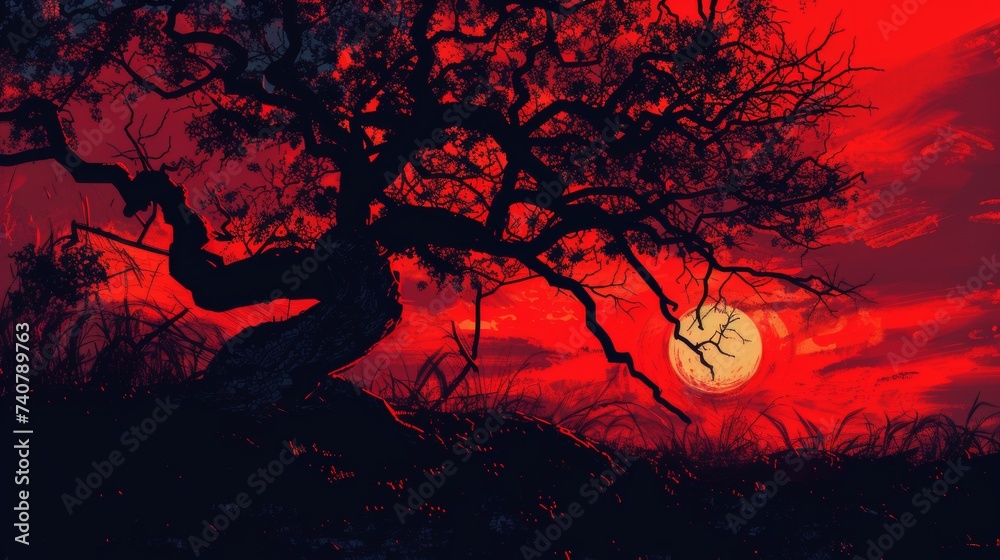 Painting of Sunset With Tree in Foreground