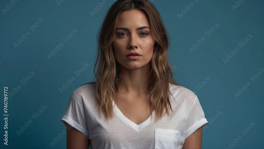 close up portrait of a sad unhappy or tired woman with white t-shirt isolated on blue background close up portrait of a sad unhappy or tired woman with white t-shirt isolated on blue background