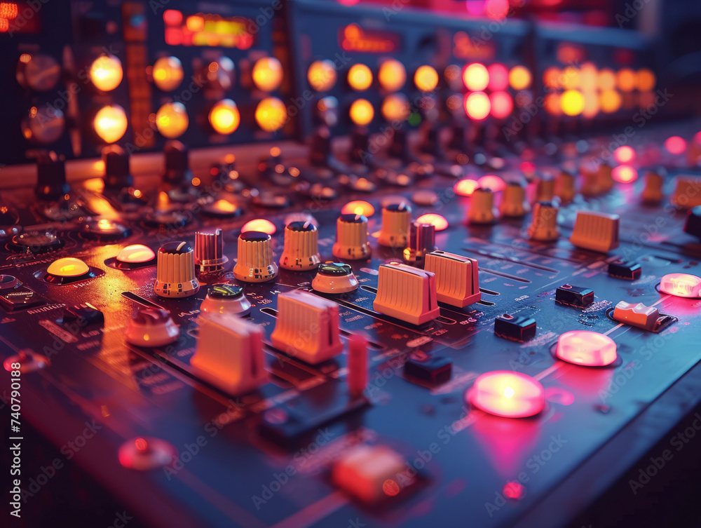 Obraz premium A close-up view of sound mixer console in a recording studio
