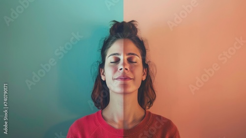 a split screen of the same person looking happy and sad, symbolizing the mood swings in bipolar disorder photo