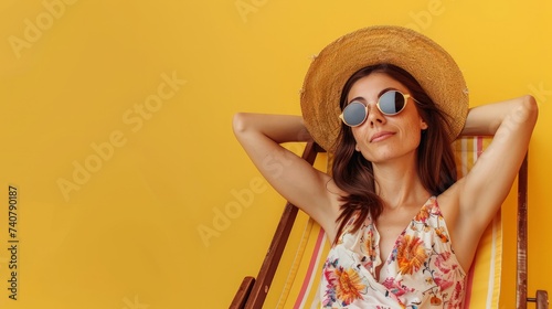 Young calm woman wear summer clothes sit in deckchair hold hands behind neck isolated on plain yellow background. Tourist travel abroad in free spare time rest getaway. #740790187