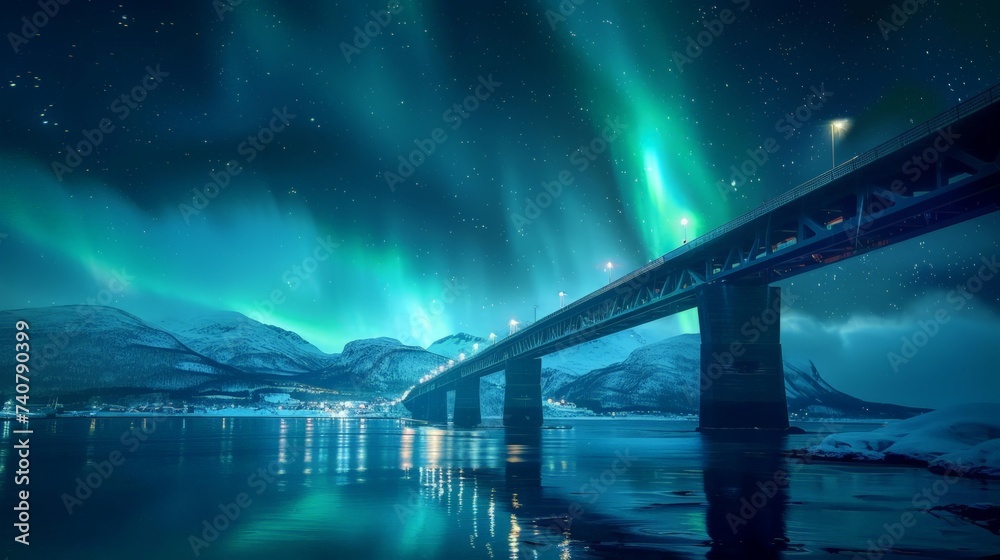 Aurora borealis or Northern lights in the sky over Tromso with Sandnessundet Bridge - Tromso, Norway