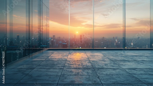 Asphalt road and glass wall with city skyline at sunset